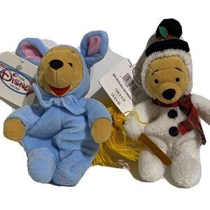 Disney Set Of Pooh Bear Easter Bunny 1999 & Snowman Pooh Bean Bag 8” Plush